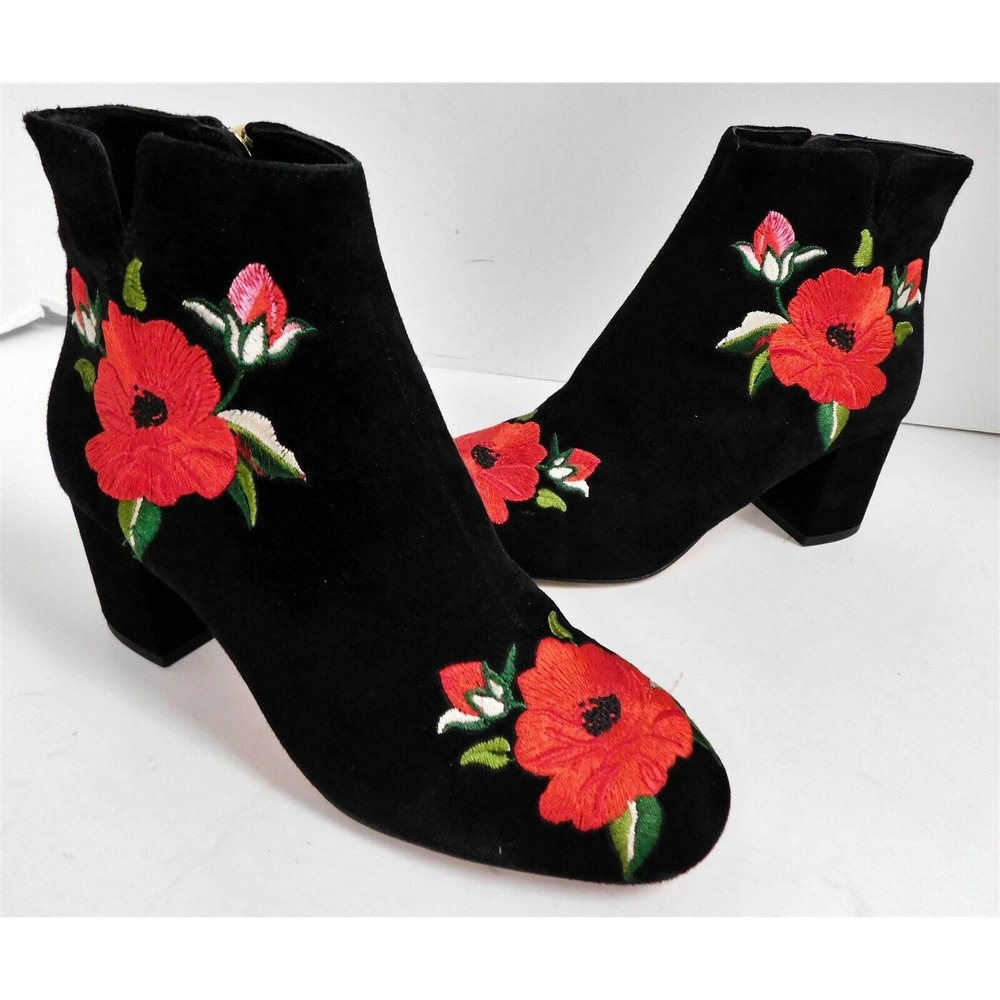 Kate Spade Black Suede Leather Rose Flower Embroidered Ankle Boots‎ 5 M